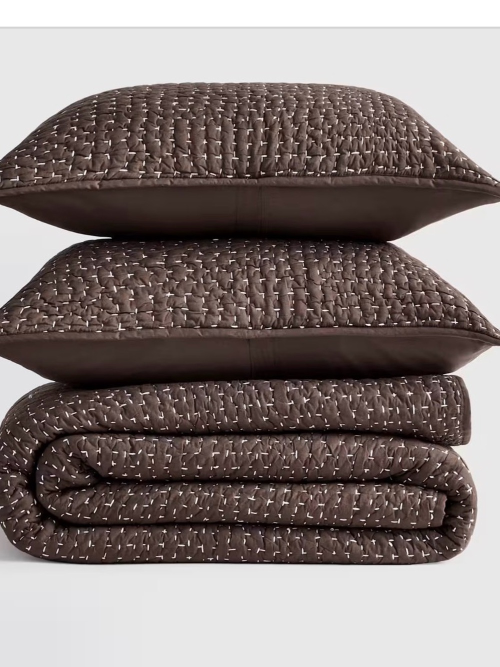 NWT $214 Quince King Quilt SET WITH Shams Organic Hand Stitched  Espresso